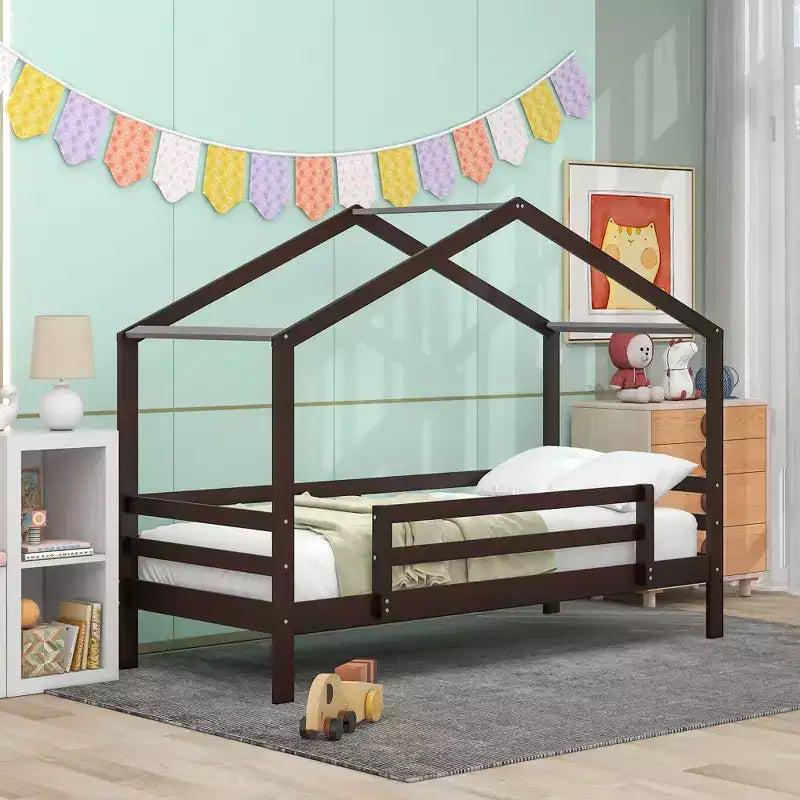 Letto a castello stile casa, con scivolo e scaletta, da una piazza e mezza, color espresso/grigio/bianco, per 2 bambini
