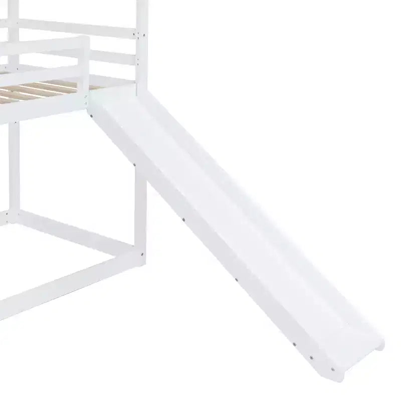 Letto a castello stile casa, con scivolo e scaletta, da una piazza e mezza, color espresso/grigio/bianco, per 2 bambini