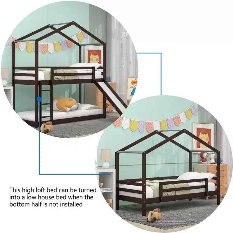 Letto a castello stile casa, con scivolo e scaletta, da una piazza e mezza, color espresso/grigio/bianco, per 2 bambini