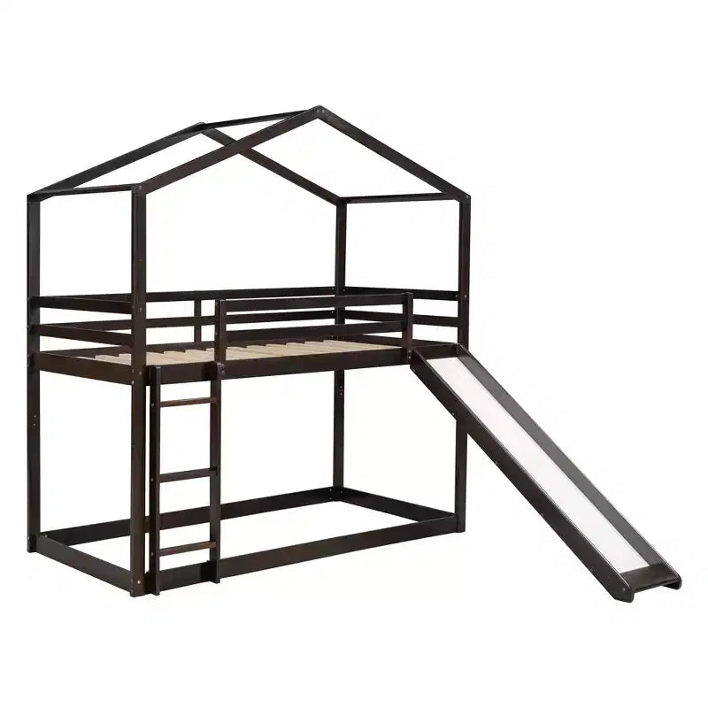 Letto a castello stile casa, con scivolo e scaletta, da una piazza e mezza, color espresso/grigio/bianco, per 2 bambini