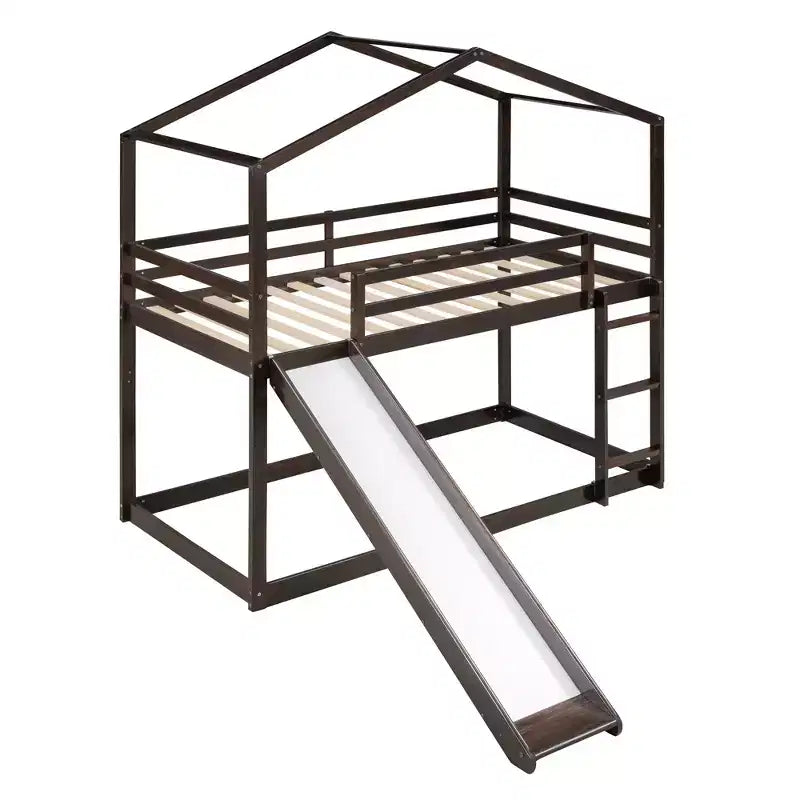Letto a castello stile casa, con scivolo e scaletta, da una piazza e mezza, color espresso/grigio/bianco, per 2 bambini