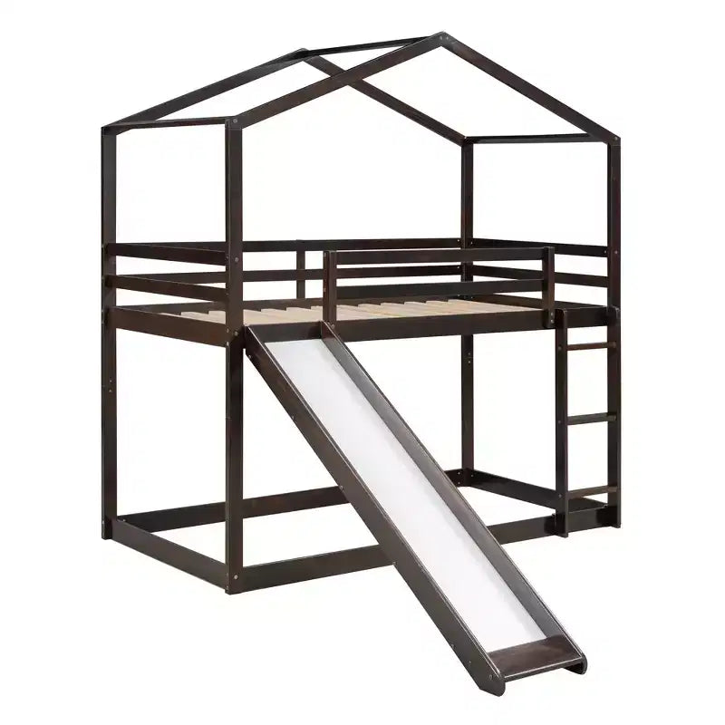 Letto a castello stile casa, con scivolo e scaletta, da una piazza e mezza, color espresso/grigio/bianco, per 2 bambini