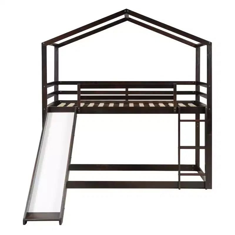 Letto a castello stile casa, con scivolo e scaletta, da una piazza e mezza, color espresso/grigio/bianco, per 2 bambini