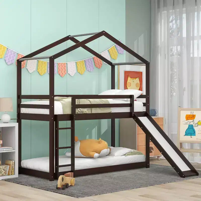Wood House Bunk Bed Twin over Twin with Roof, Low Bunk Beds with Slide and Ladder