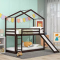 Wood House Bunk Bed Twin over Twin with Roof, Low Bunk Beds with Slide and Ladder