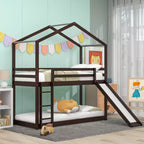 Wood House Bunk Bed Twin over Twin with Roof, Low Bunk Beds with Slide and Ladder