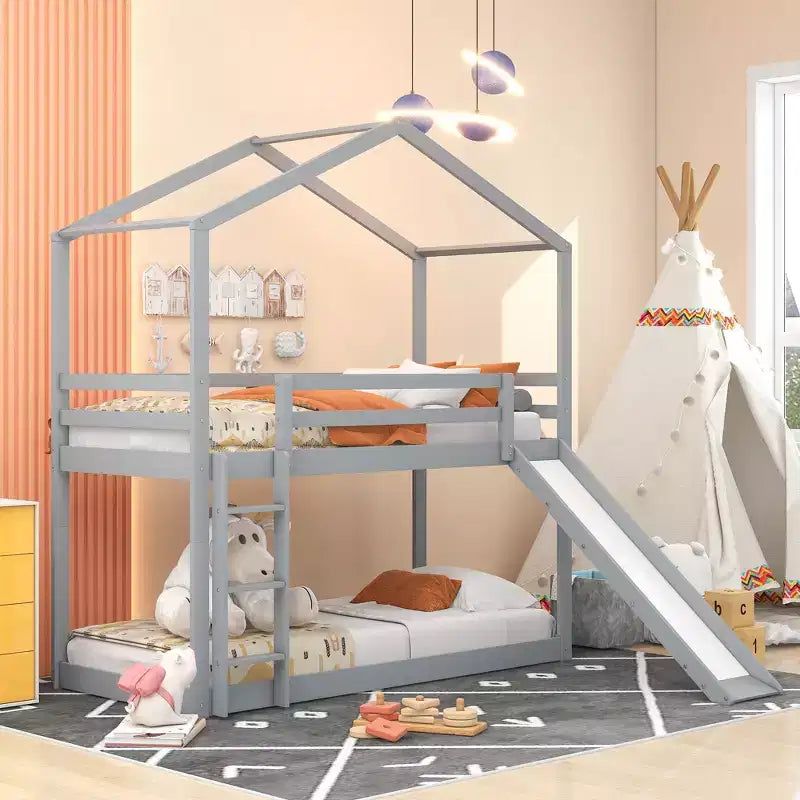 Letto a castello stile casa, con scivolo e scaletta, da una piazza e mezza, color espresso/grigio/bianco, per 2 bambini