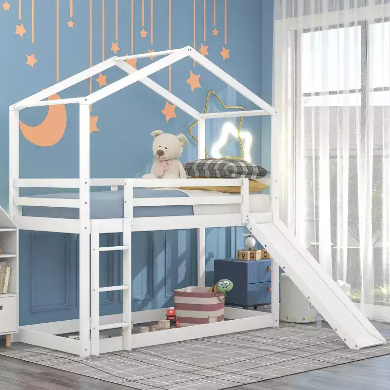 Letto a castello stile casa, con scivolo e scaletta, da una piazza e mezza, color espresso/grigio/bianco, per 2 bambini