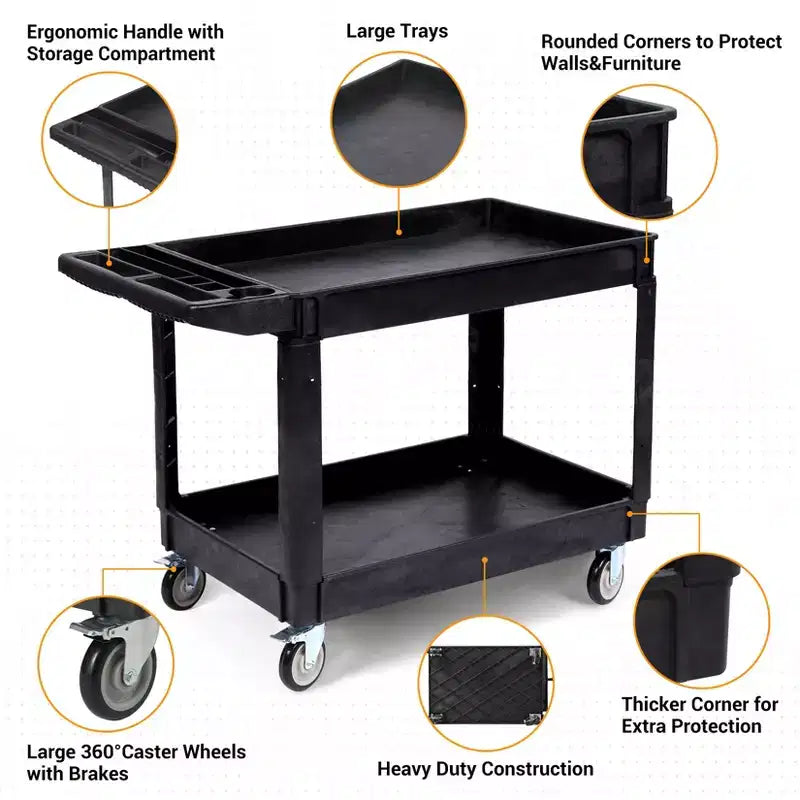 Carrello di servizio nero a 2 ripiani – Capacità 250 kg, utilizzo da 1 a 2 persone