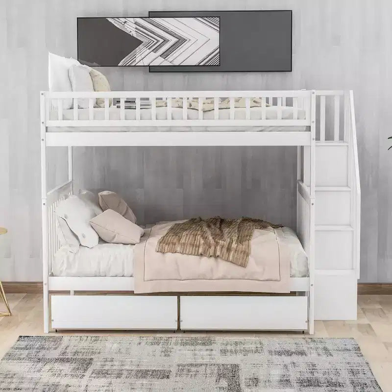 Letto a castello matrimoniale grigio/bianco con cassetti e mensole – Posti letto 4