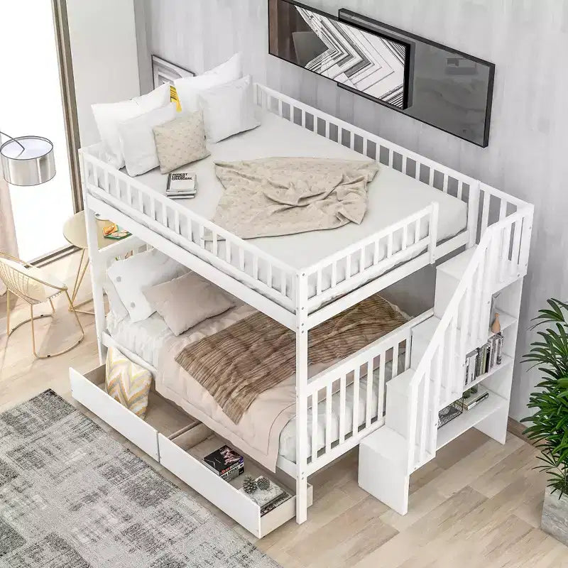 Letto a castello matrimoniale grigio/bianco con cassetti e mensole – Posti letto 4