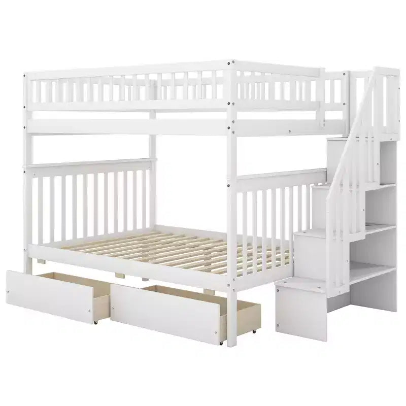 Letto a castello matrimoniale grigio/bianco con cassetti e mensole – Posti letto 4