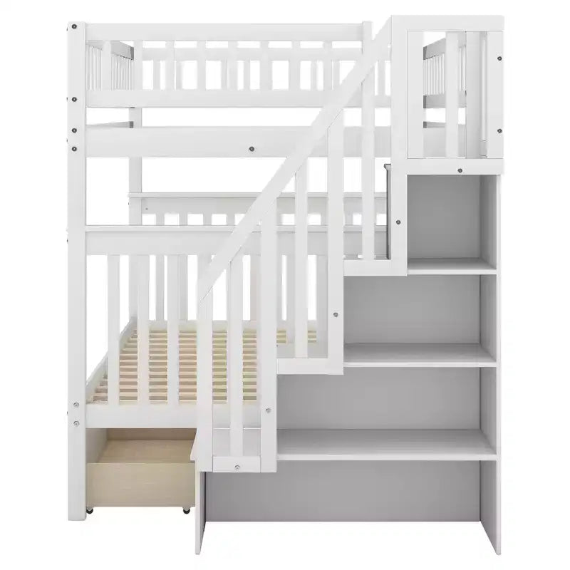 Letto a castello matrimoniale grigio/bianco con cassetti e mensole – Posti letto 4