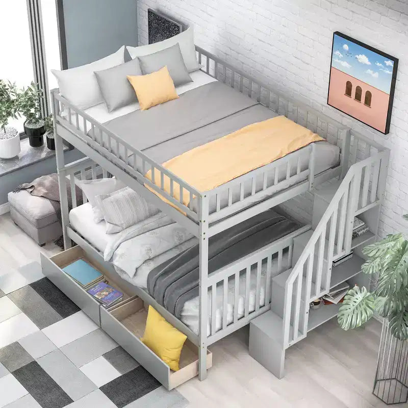 Letto a castello matrimoniale grigio/bianco con cassetti e mensole – Posti letto 4