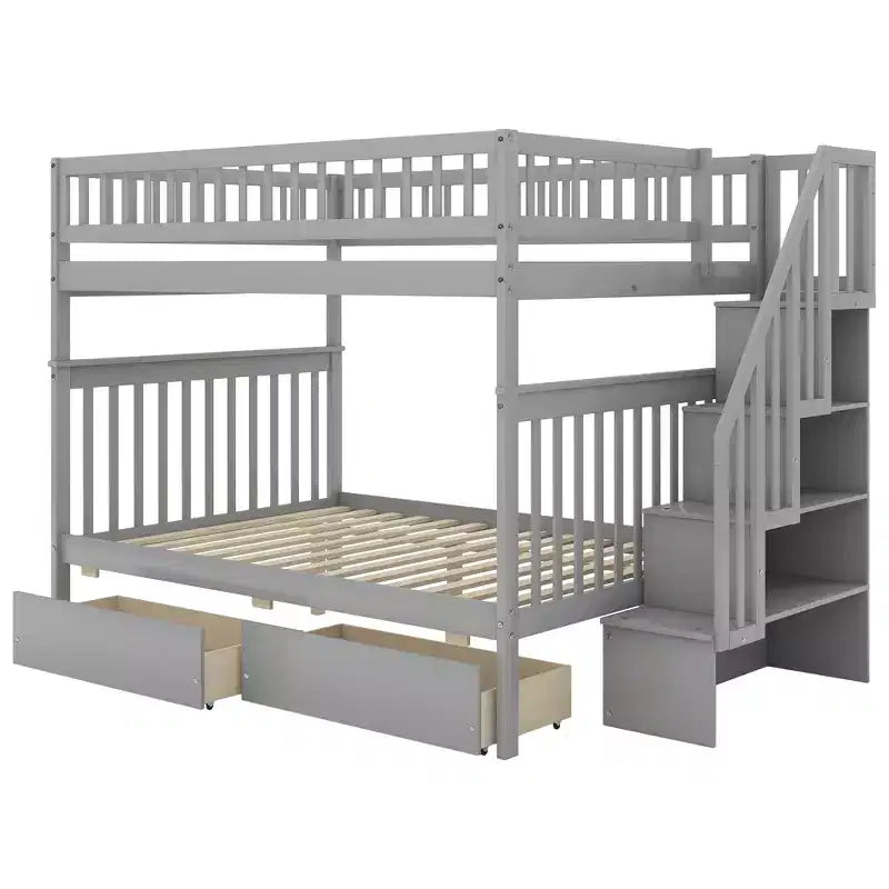 Letto a castello matrimoniale grigio/bianco con cassetti e mensole – Posti letto 4