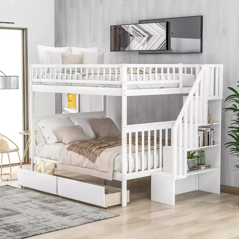 Letto a castello matrimoniale grigio/bianco con cassetti e mensole – Posti letto 4