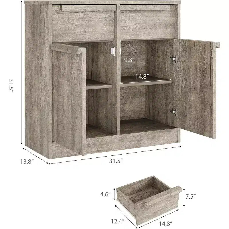 Credenza a buffet con 4 cassetti e 4 ante, nera/grigia/legno, montaggio in 1 persona