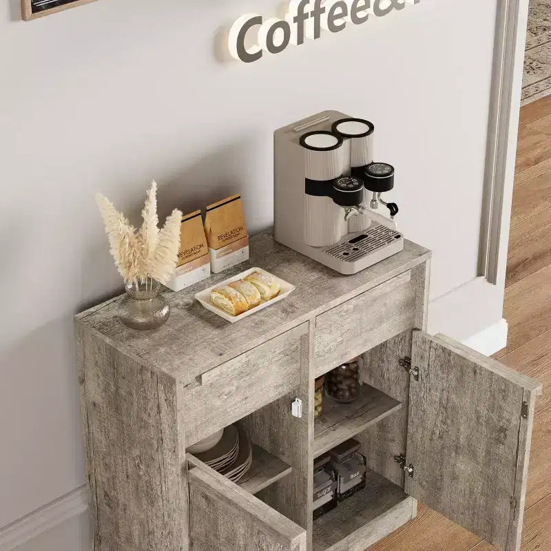Credenza a buffet con 4 cassetti e 4 ante, nera/grigia/legno, montaggio in 1 persona