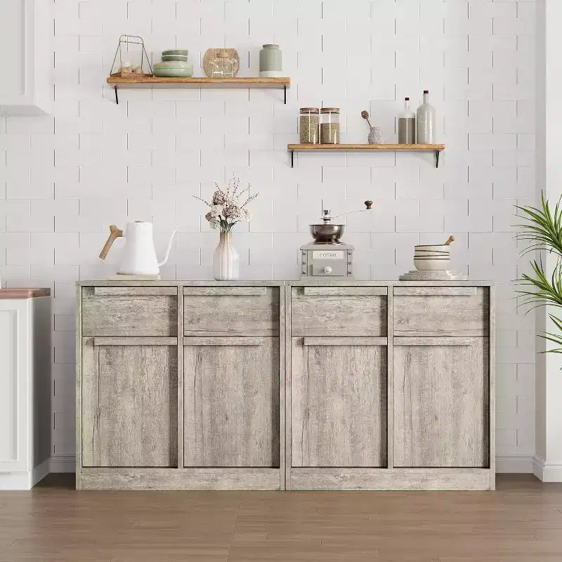 Credenza a buffet con 4 cassetti e 4 ante, nera/grigia/legno, montaggio in 1 persona