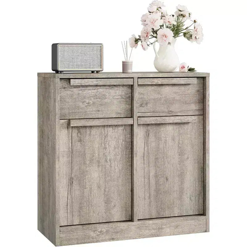 Credenza a buffet con 4 cassetti e 4 ante, nera/grigia/legno, montaggio in 1 persona