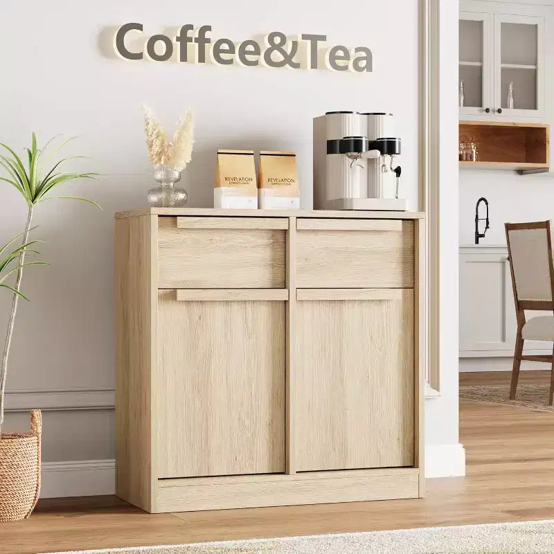 Credenza a buffet con 4 cassetti e 4 ante, nera/grigia/legno, montaggio in 1 persona