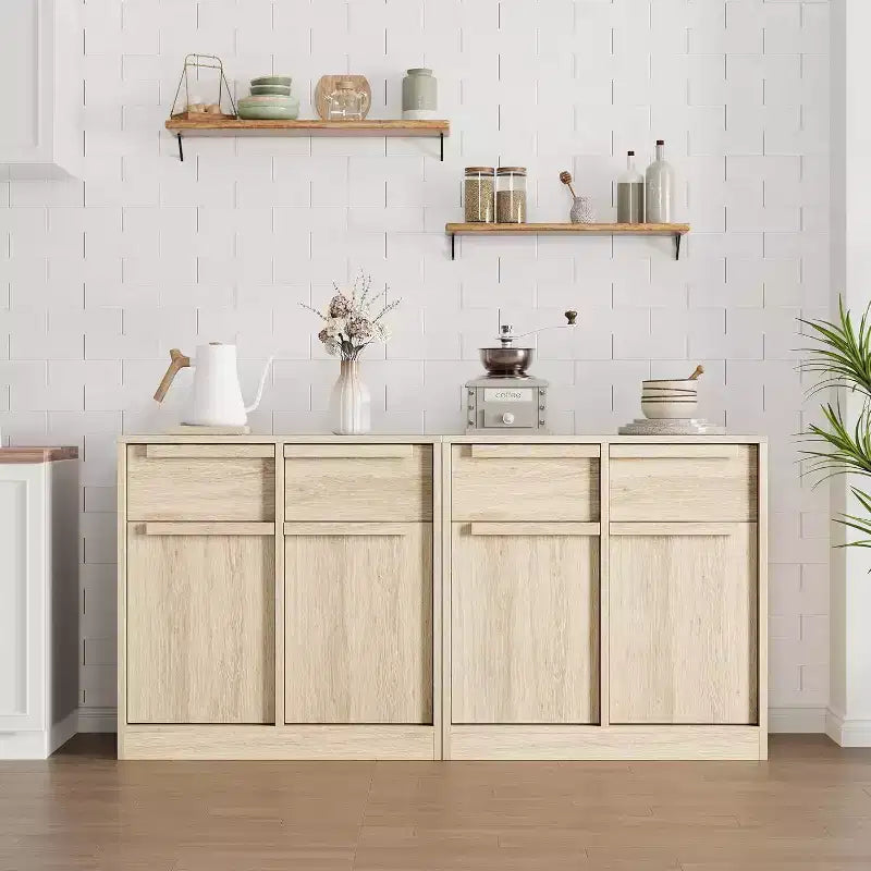 Credenza a buffet con 4 cassetti e 4 ante, nera/grigia/legno, montaggio in 1 persona