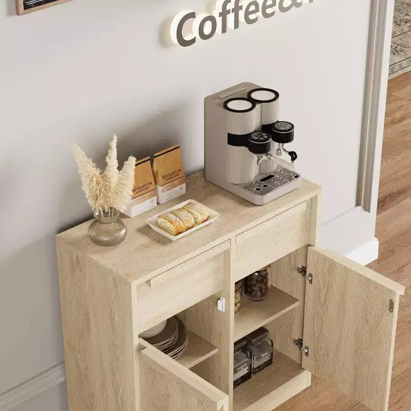 Credenza a buffet con 4 cassetti e 4 ante, nera/grigia/legno, montaggio in 1 persona