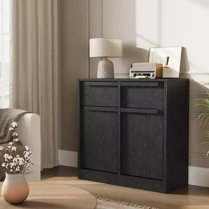 Credenza a buffet con 4 cassetti e 4 ante, nera/grigia/legno, montaggio in 1 persona
