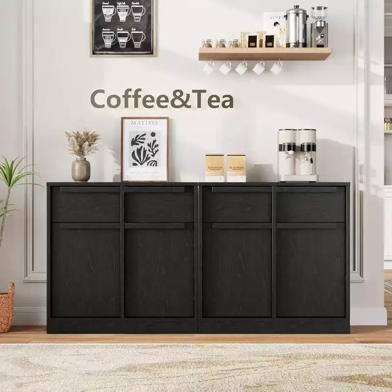 Credenza a buffet con 4 cassetti e 4 ante, nera/grigia/legno, montaggio in 1 persona