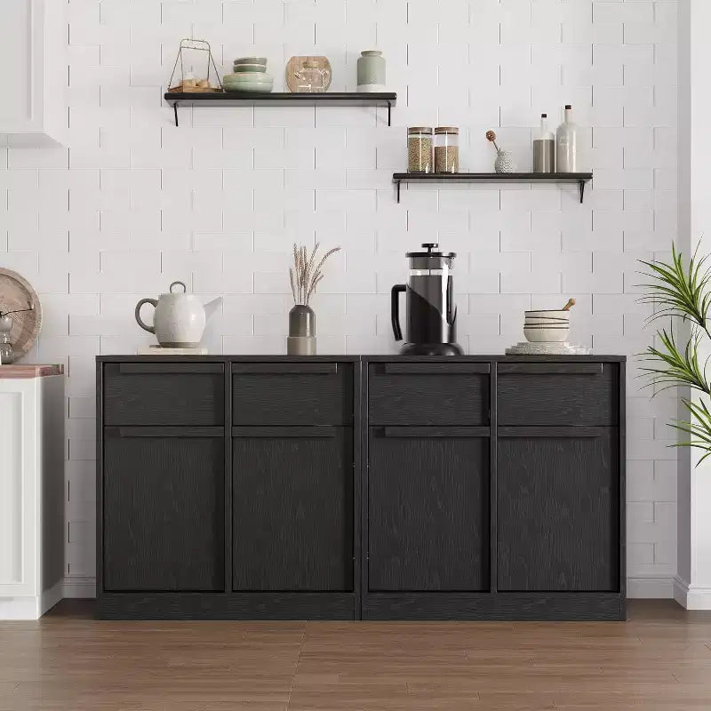 Credenza a buffet con 4 cassetti e 4 ante, nera/grigia/legno, montaggio in 1 persona