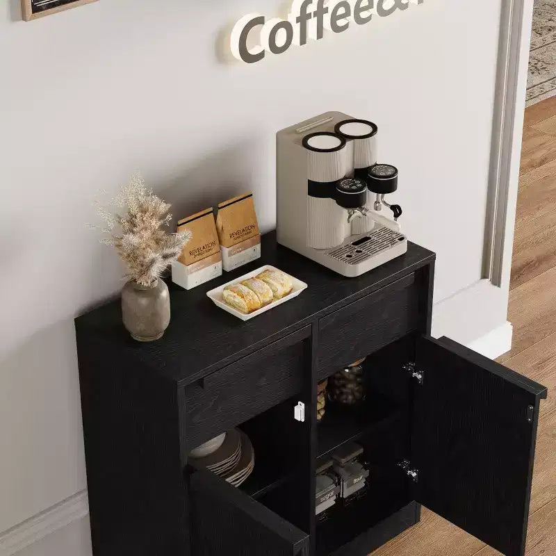 Credenza a buffet con 4 cassetti e 4 ante, nera/grigia/legno, montaggio in 1 persona