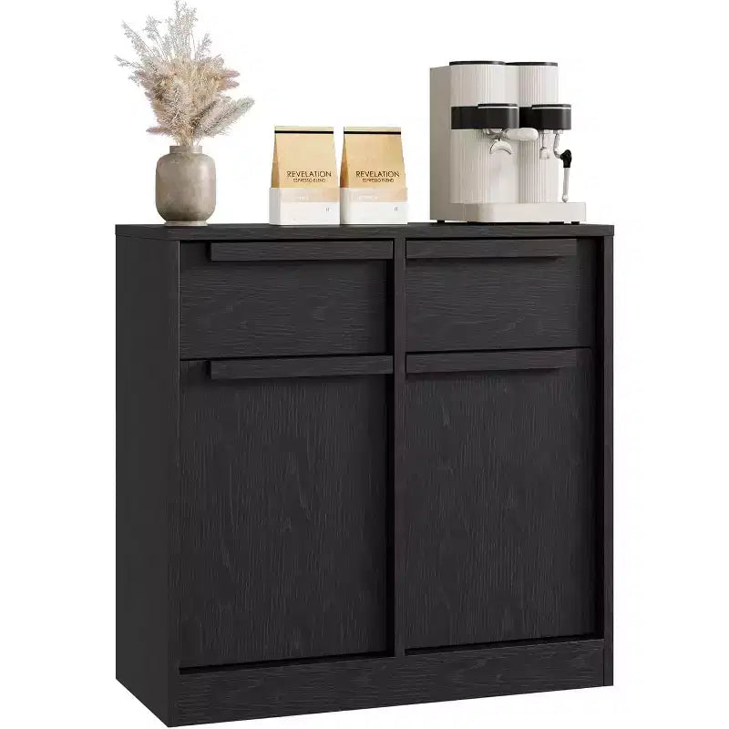 Credenza a buffet con 4 cassetti e 4 ante, nera/grigia/legno, montaggio in 1 persona