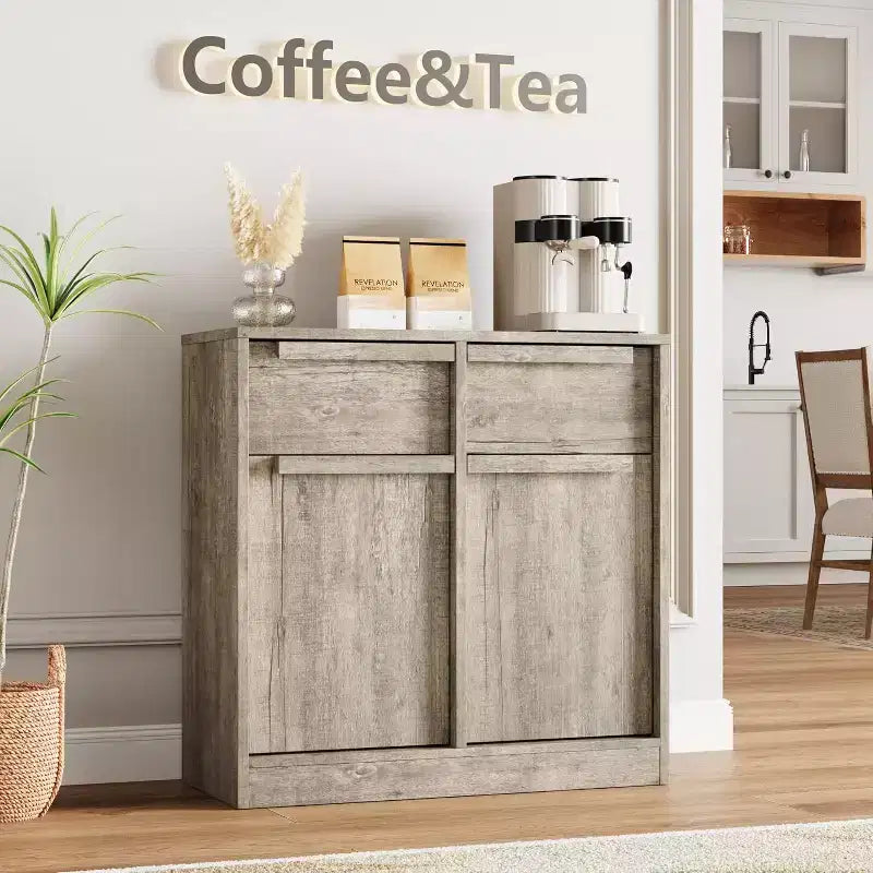 Credenza a buffet con 4 cassetti e 4 ante, nera/grigia/legno, montaggio in 1 persona