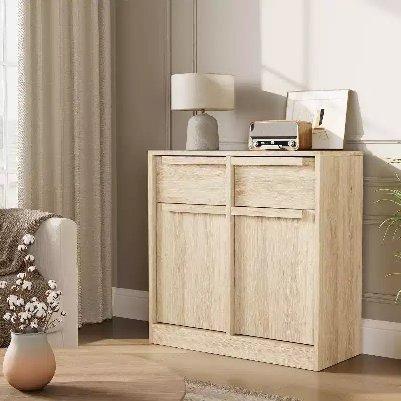 Credenza a buffet con 4 cassetti e 4 ante, nera/grigia/legno, montaggio in 1 persona