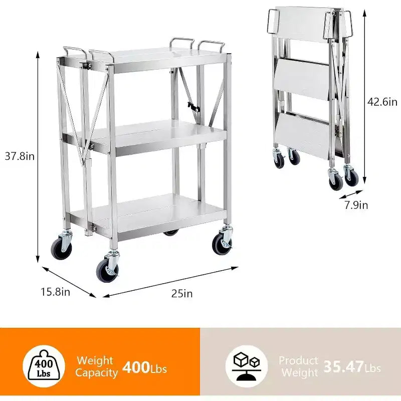 Carrello di servizio pieghevole a 3 ripiani argento, capacità 136 kg, per 1 persona