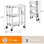 Carrello di servizio pieghevole a 3 ripiani argento, capacità 136 kg, per 1 persona
