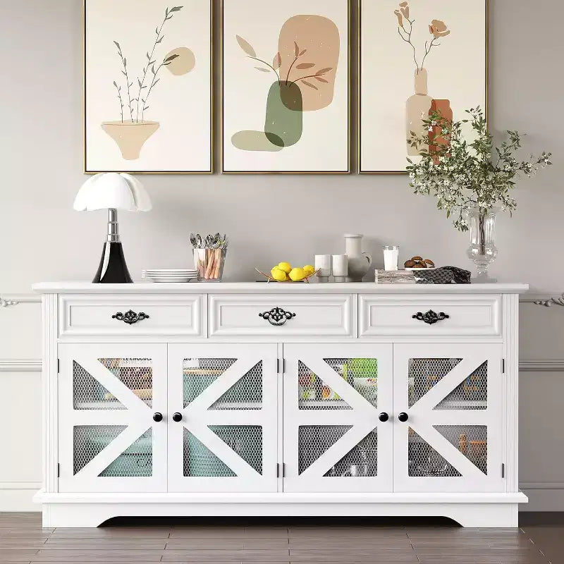 Mobile credenza marrone da 160 cm, 3 cassetti e 4 ante a griglia stile fienile, stazione di ricarica, per 1 persona