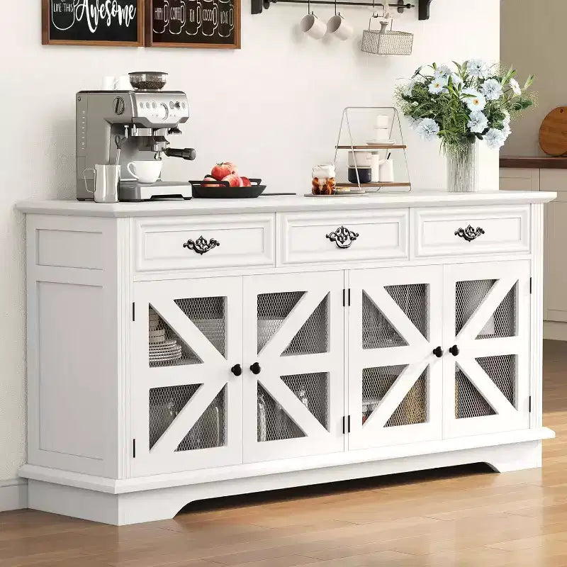 Mobile credenza marrone da 160 cm, 3 cassetti e 4 ante a griglia stile fienile, stazione di ricarica, per 1 persona