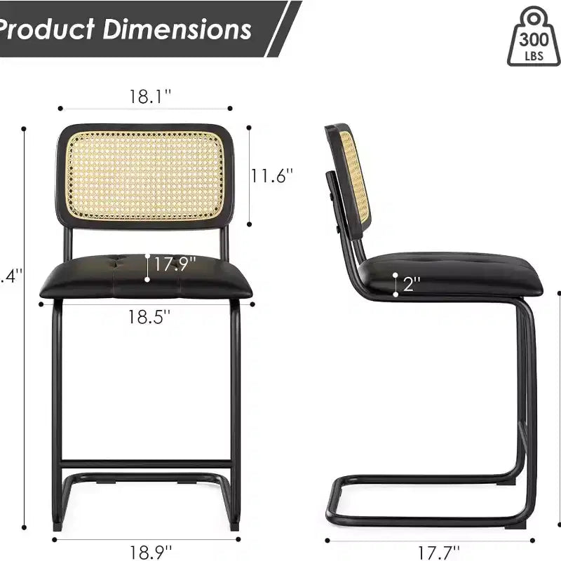 Sgabello da bar in velluto nero con schienale in rattan, 2 posti, altezza bancone 61/66 cm
