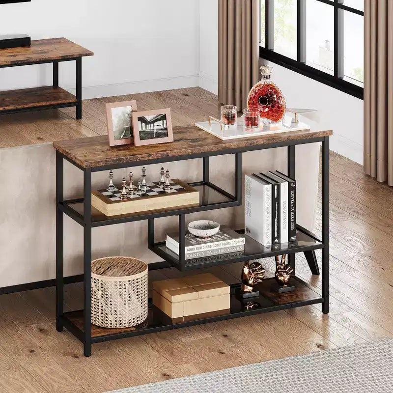 Consolle con telaio in metallo nero, 4 ripiani, piano in legno marrone, montaggio da 1 persona