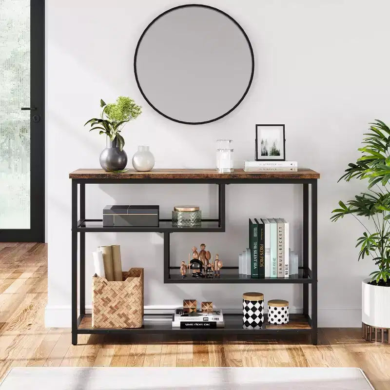 Consolle con telaio in metallo nero, 4 ripiani, piano in legno marrone, montaggio da 1 persona