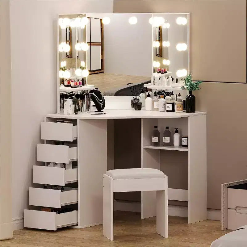 Scrivania angolare bianca con specchio illuminato, 5 cassetti e sgabello, 1 persona