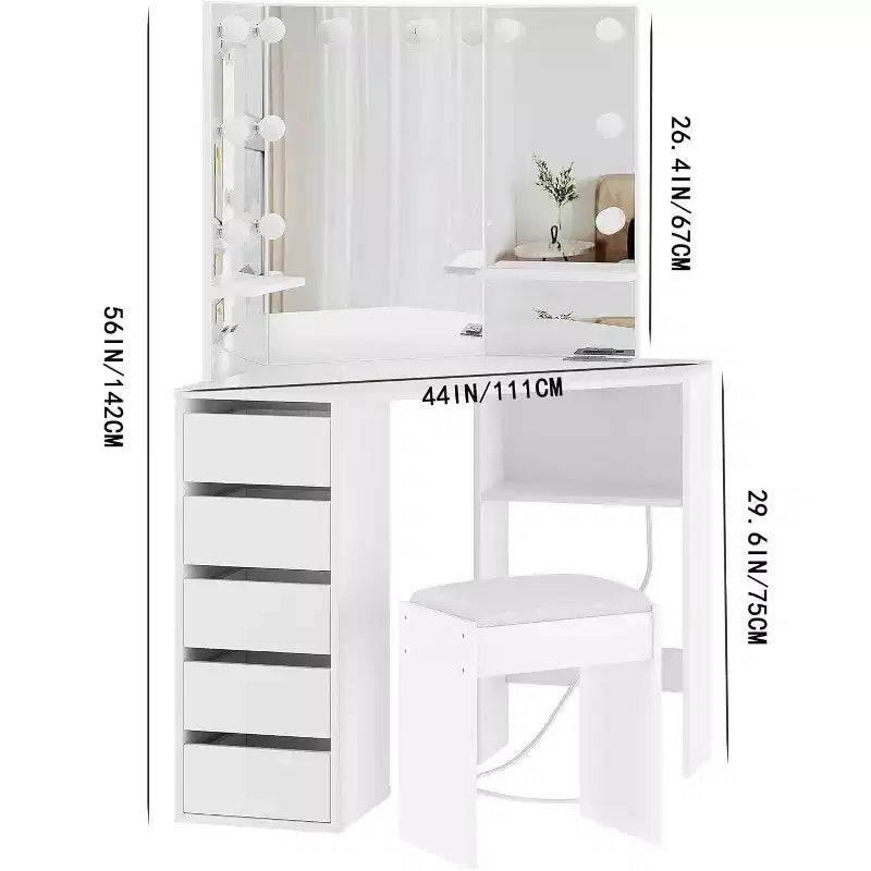 Scrivania angolare bianca con specchio illuminato, 5 cassetti e sgabello, 1 persona