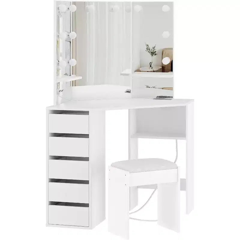 Scrivania angolare bianca con specchio illuminato, 5 cassetti e sgabello, 1 persona