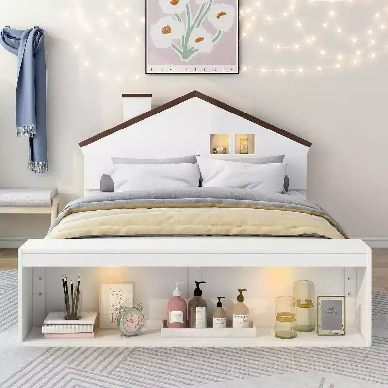 Letto singolo a piattaforma bianco con cassetti contenitore e luce LED, per 1 persona