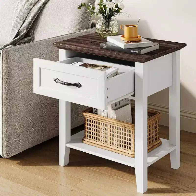 Comodino bianco in stile rustico con cassetto e ripiano, set da 2
