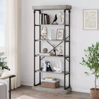 Libreria aperta a 5 ripiani, marrone / grigio, stile vintage, struttura in metallo, montaggio per 1 persona
