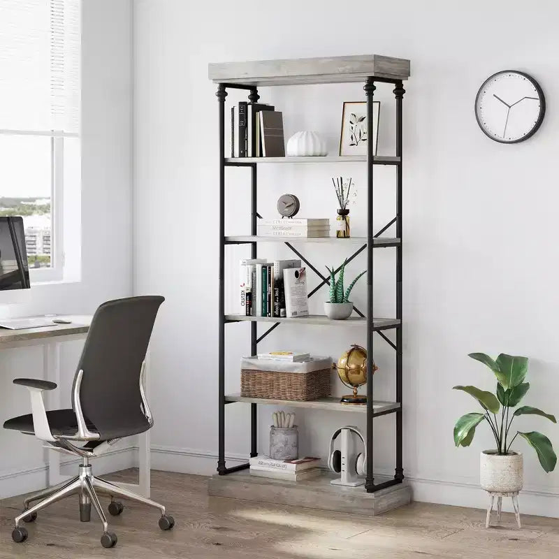 Libreria aperta a 5 ripiani, marrone / grigio, stile vintage, struttura in metallo, montaggio per 1 persona