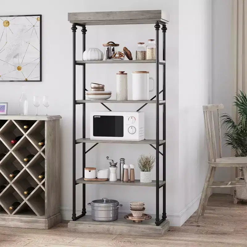 Libreria aperta a 5 ripiani, marrone / grigio, stile vintage, struttura in metallo, montaggio per 1 persona