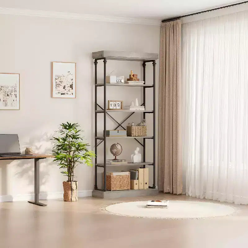 Libreria aperta a 5 ripiani, marrone / grigio, stile vintage, struttura in metallo, montaggio per 1 persona